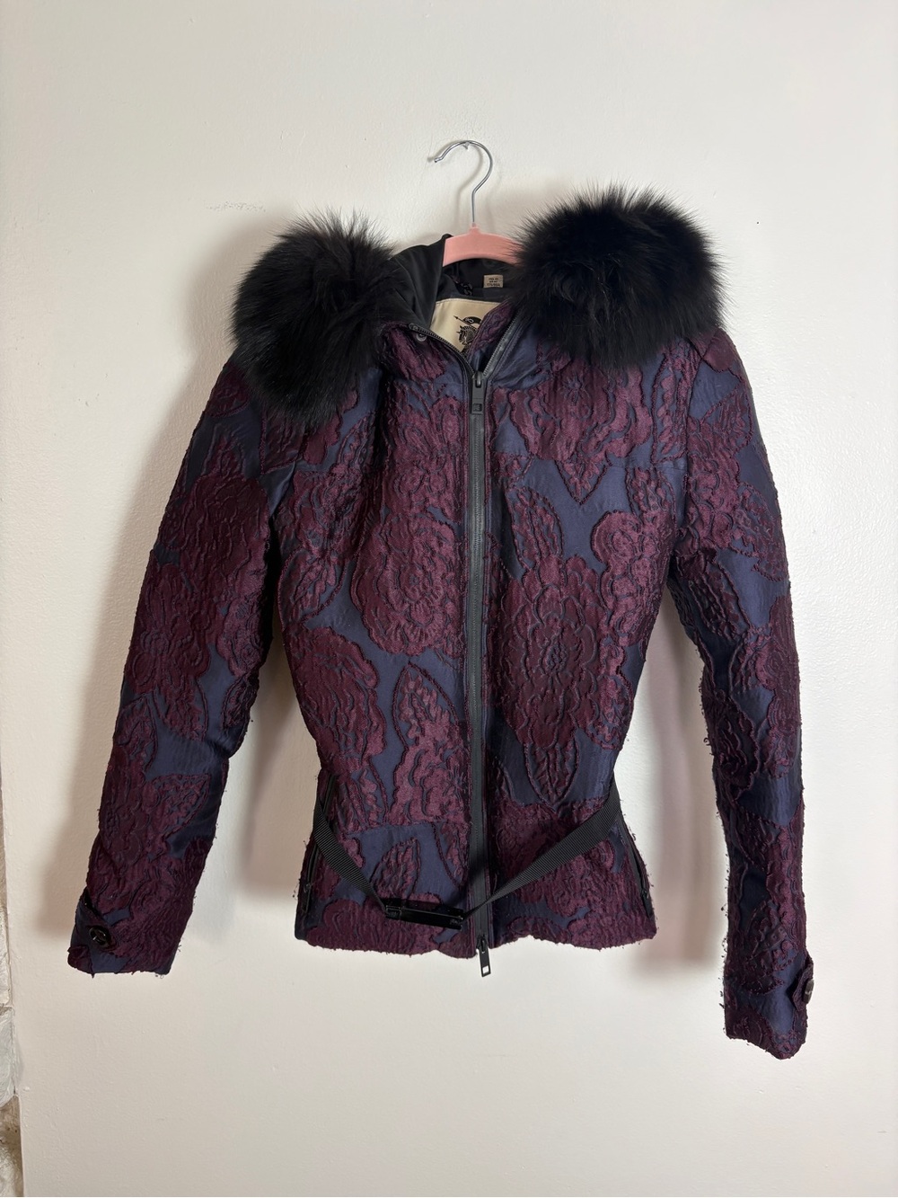 Burberry Embellished Down Jacket with Fur Hood and Belt